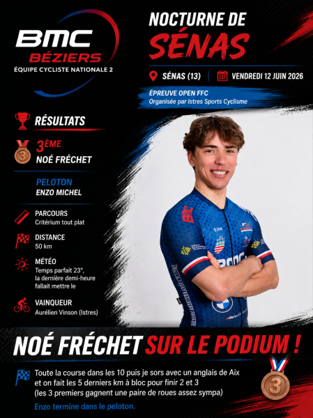 Nocturne de Sénas : Noé Fréchet sur le podium pour le BMC-Béziers